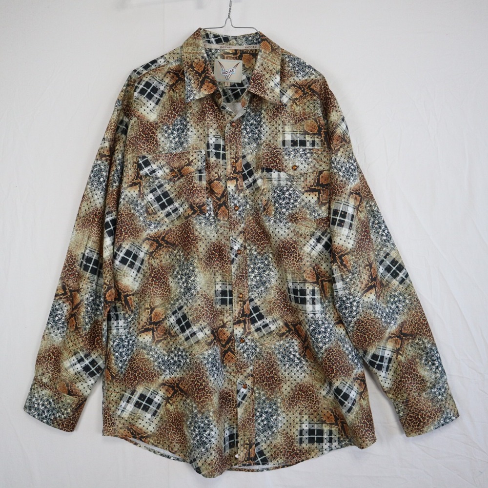 VACCARI Shirt Mens Large Western Cowboy Rodeo Pearl Snap Snake Print Long Sleeve